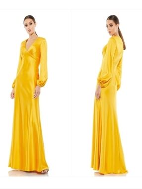 Mac Duggal Women's Yellow Satin Long Sleeve V-Neck Maxi Dress SIZE 8  NWT 55693